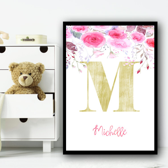 Pink Floral Gold Any Initial Any Name Personalised Wall Art Print