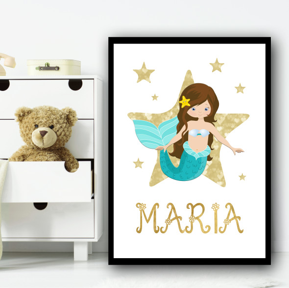 Cartoon Mermaid Brown Hair Gold Star Any Name Personalised Wall Art Print