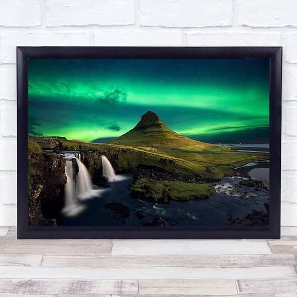 Aurora Borealis Northern Lights Waterfall Iceland Sky Green Wall Art Print