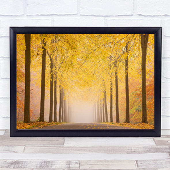 Autumn road Fall Tree Mist Fog Foggy Leaf Perspective Wall Art Print