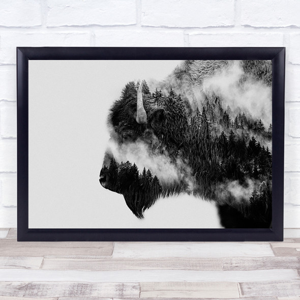 Bison Animal Mammal Double Exposure Horns Wall Art Print