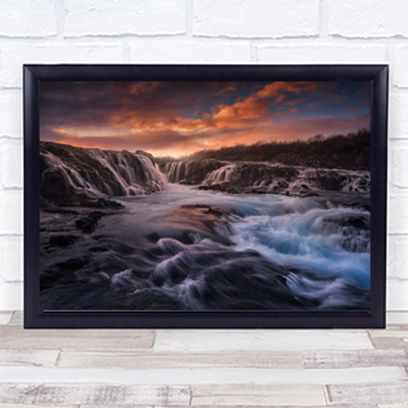 Blue Flow II Waterfall Sunset River Iceland Bruarfoss Travel Flowing Art Print
