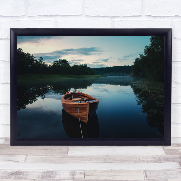 Boat in fog Lake Reflection Still Calm Serene Zen Meditation Wall Art Print