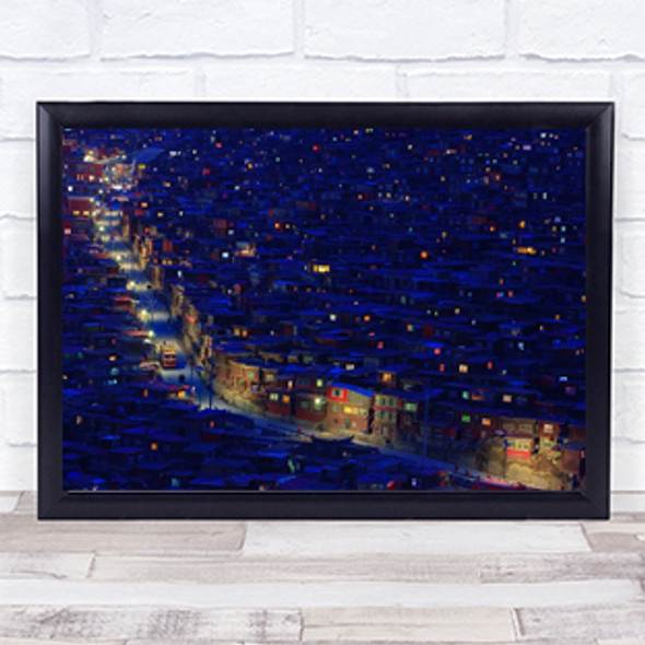 Bus Transportation Blue Night Rooftop Road Way Houses Wall Art Print