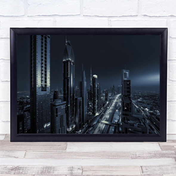 Dark Dubai Uae Skyscraper Buildings Towers Night View Road Light Wall Art Print