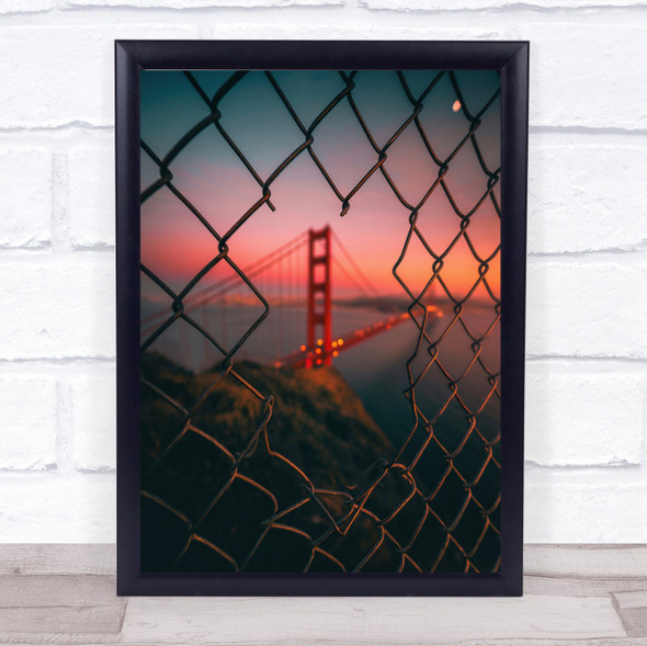 Golden Gate Caged Bridge USA California Sunset Fence Frame Wall Art Print