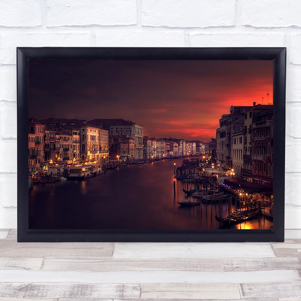 Gran canal Venice Italy Sunset Night Red Architecture Boat Boats River Art Print