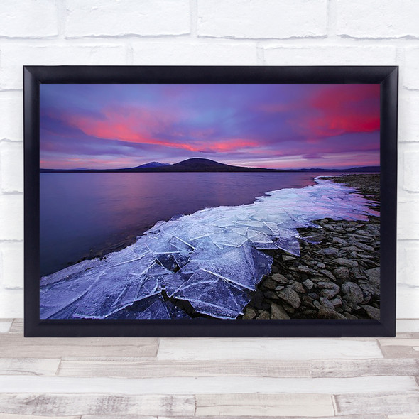 Ice Rocks Purple Sunrise Lake Winter Flakes Beach Wall Art Print