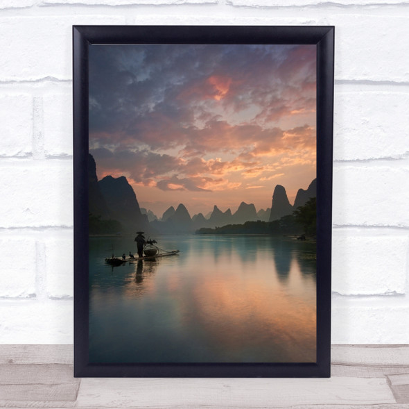 Li River Sunrise Mountain No words China Boat Seascape Raft Wall Art Print