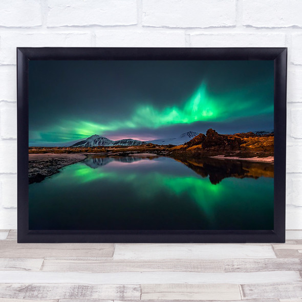 Mirrored Aurora Iceland Water Mirror Winter Mountains Clouds Seascape Art Print