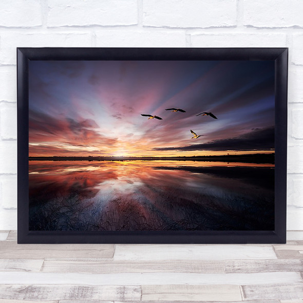 Morning Water Birds Flying Reflection Sunrise Lake Wall Art Print