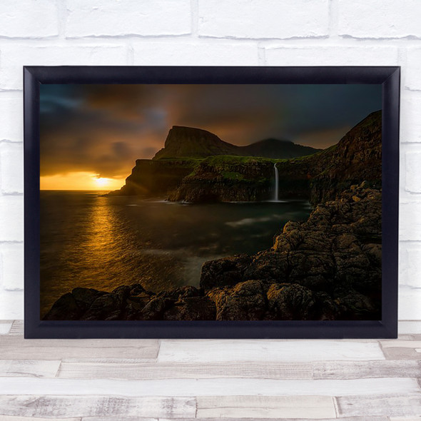 Mulafossur Faroe Gasadalur Vagar Waterfall Islands Sun Sunrise Wall Art Print