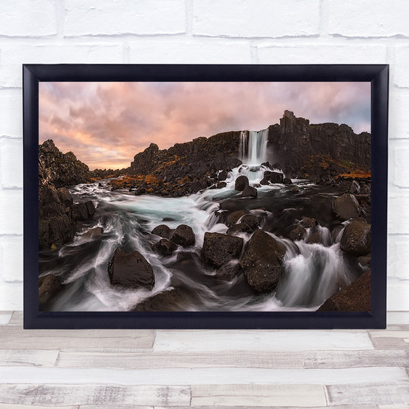 Oxararfoss Panorama Water Waterfall Rock Rocks Stone Wall Art Print