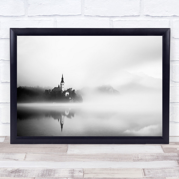 Sunrise At Lake Bled Slovenia Church Morning Fog Foggy Hazy Sky Wall Art Print