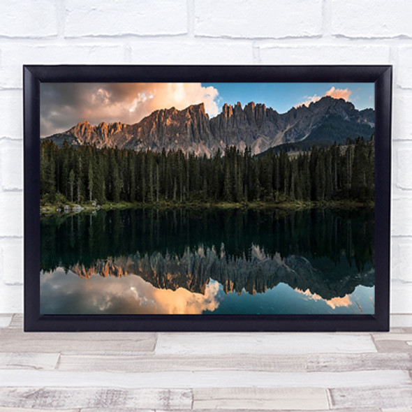 Sunset At Lake Carezza Panoramic Reflection Water Calm Still Wall Art Print