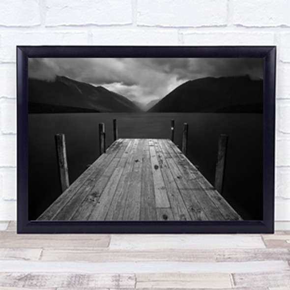 The Lake Mountains Rain Pier Jetty Wooden Wood Planks Poles Wall Art Print