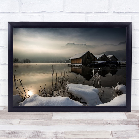 Three Huts Bavaria Lake Morning Fog Mist Germany Snow Winter Wall Art Print