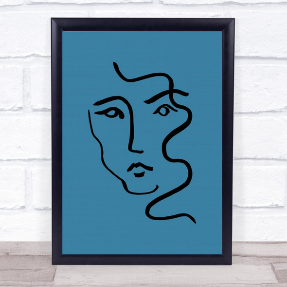 Woman Face Line Illustration Blue Art Wall Art Print