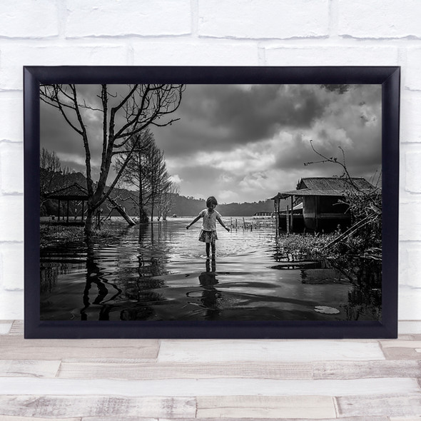 Alone Water House Flood Person Girl Kid Child Wall Art Print