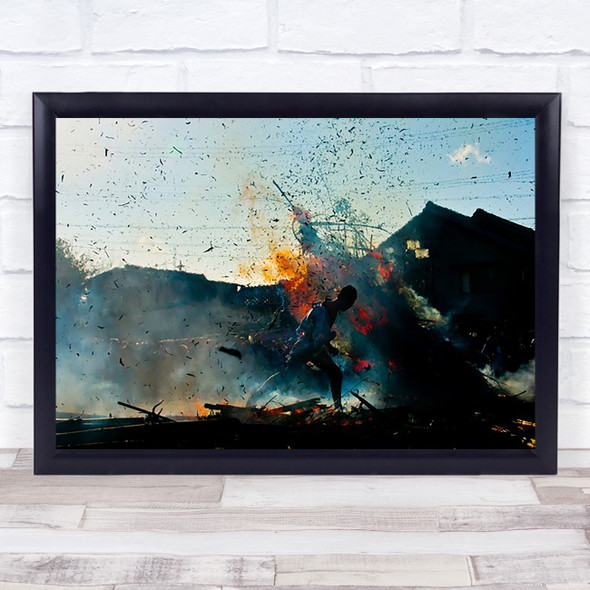 Fire Festival Explosion Action Person Chaos Running Flame Street Wall Art Print
