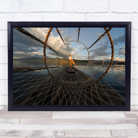 Fisherman On Inle Lake Myanmar Net Boat Sunset Perspective Wall Art Print