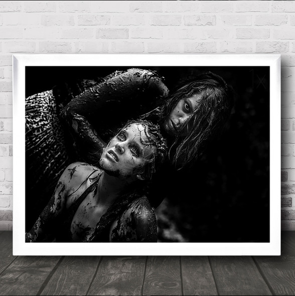 The Battle Action Two Women Blacka White Mud Fight Hair Sport Wall Art Print