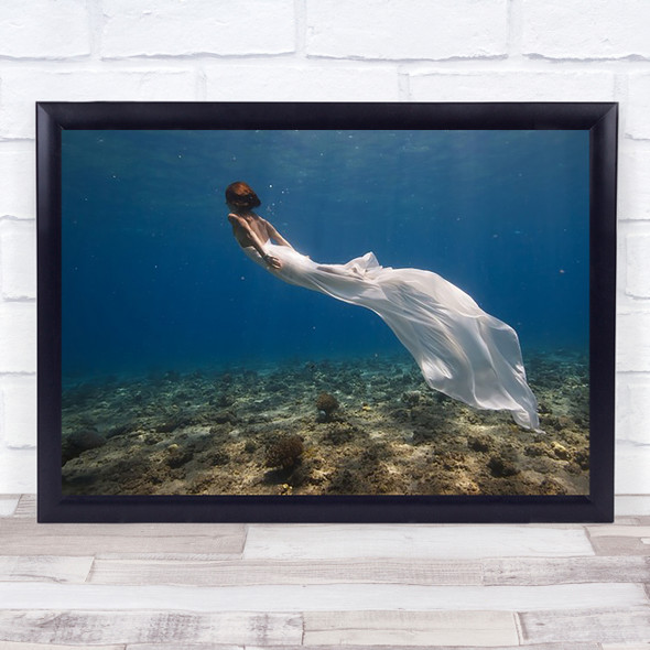 White Dress Red Sea Mermaid Underwater Fashion Woman Wall Art Print