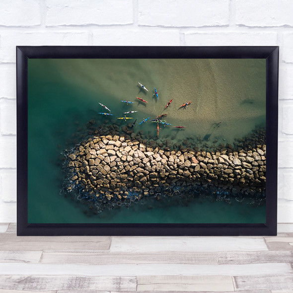 Gathering Aerial Kayak Kayaks Sea Ocean Water Above Drone Pier Wall Art Print