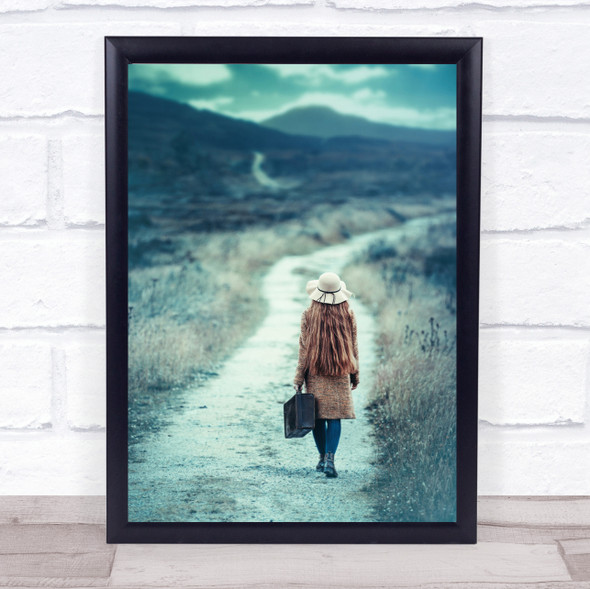 On the way Girl Vintage Travel Departure Bag Hat Road Trail Path Wall Art Print