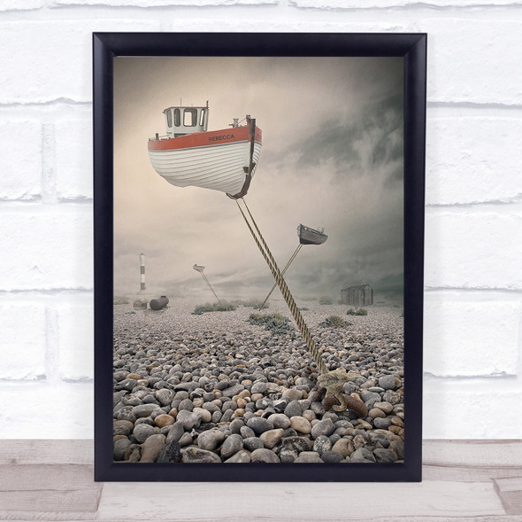 Low Tide Floating Boat Stone Beach Surreal Dungeness Kent Ku Wall Art Print