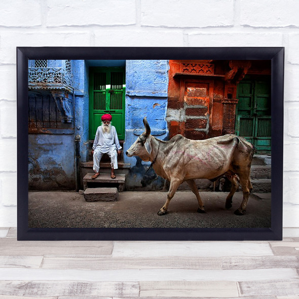 India Jodhpur Travel Blue Man Person Cow Animal Facade Wall Art Print