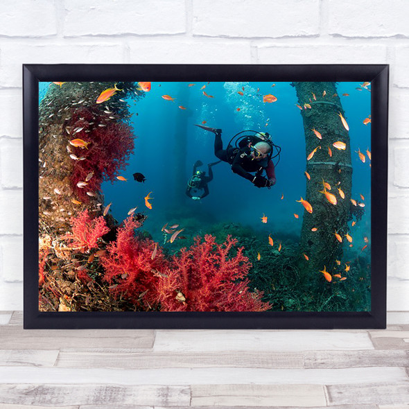 Scuba Divers Reef Coral Corals Reefs Underwater Wall Art Print