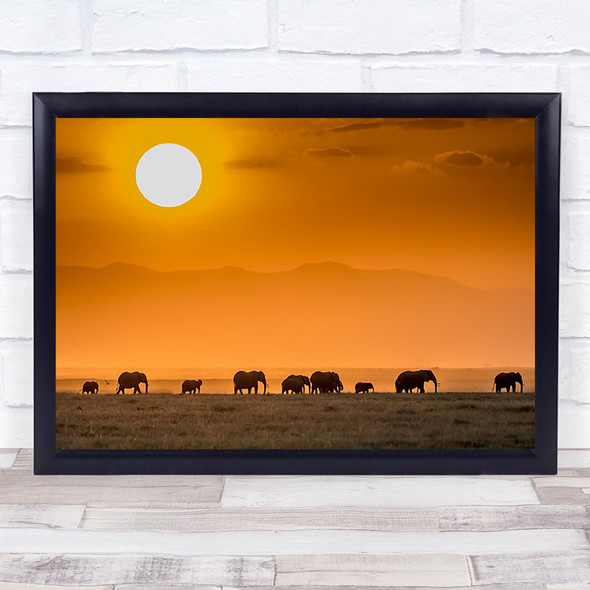 Sunrise Elephant Wildlife Wild Nature Group Family Flock Herd Cub Wall Art Print