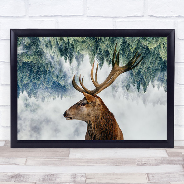 The Deer woods Antler Forest Mist Fog Animal Pine Trees Pines Wall Art Print