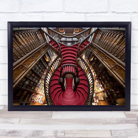 Red Gem Porto Staircase Steps Spiral Books Library Livraria Lello Wall Art Print