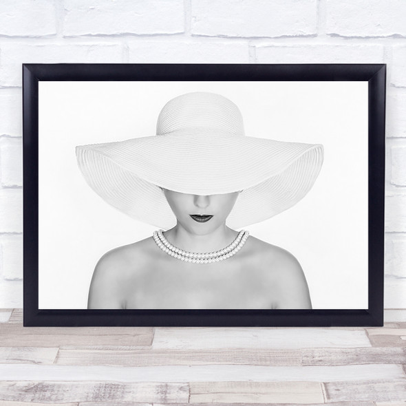 Pure White Model Woman Lady Female Hat Lips Necklace Pearls Shy Wall Art Print