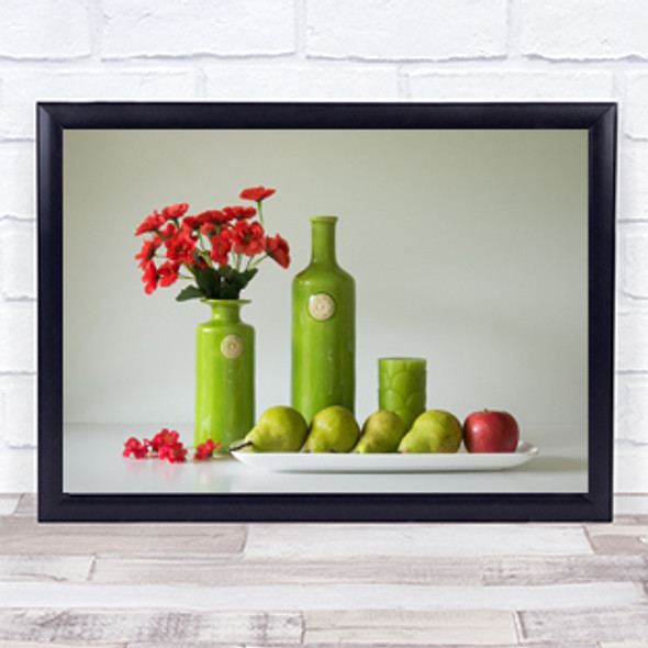 Red Green With Apple Pears Fruit Flowers Vases Petals Candle Wall Art Print