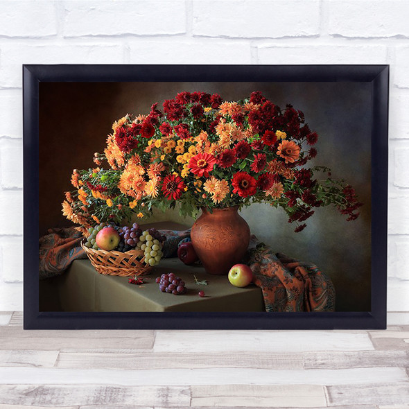 with a bouquet of chrysanthemums fruit Flower Vase Basket Wall Art Print