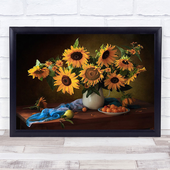 With Sunflowers Yellow Plums Sunflower Sun Bouquet Vase Rustic Wall Art Print