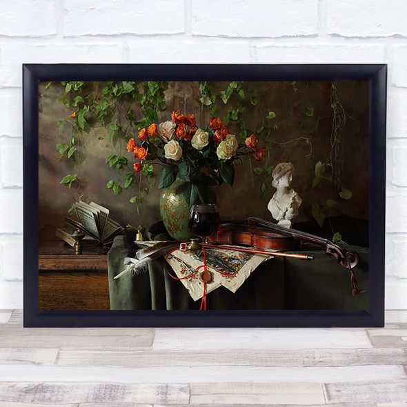 With Violin Flowers Music Roses Book Old Vase Instrument Flower Wall Art Print