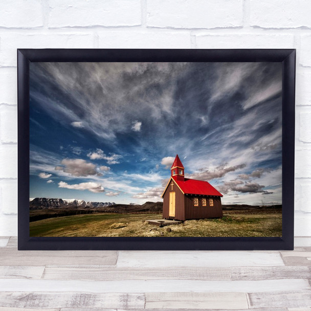 Tiny Church Cross Red Iceland Isolation Alone Lonely Solitude Wall Art Print