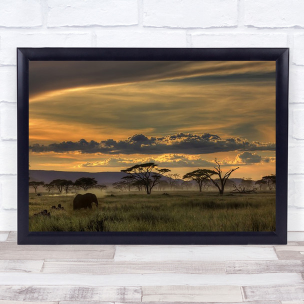 Africa Tanzania Elephant Wildlife Animal Sunset Trees Safari Savannah Art Print