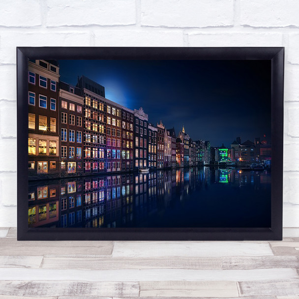 Amsterdam Windows Colours Canal River Night Reflection Facade House Art Print