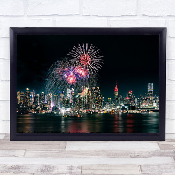 Architecture Night Fireworks Sky Drama Dramatic Water New York Wall Art Print