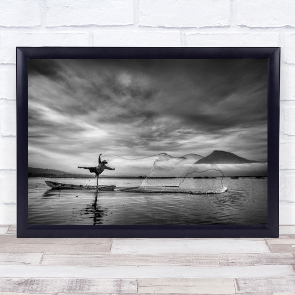 Man Behind The Nets Fisherman Fishing Action B&W Lake Pose Person Wall Art Print