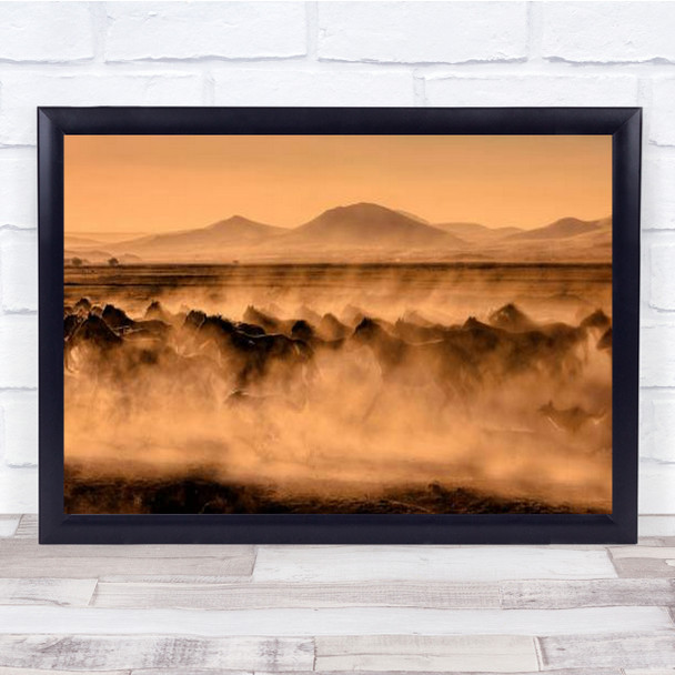 Atlar Horse Horses Dog Run Running Herd Flock Gold Golden Orange Wall Art Print