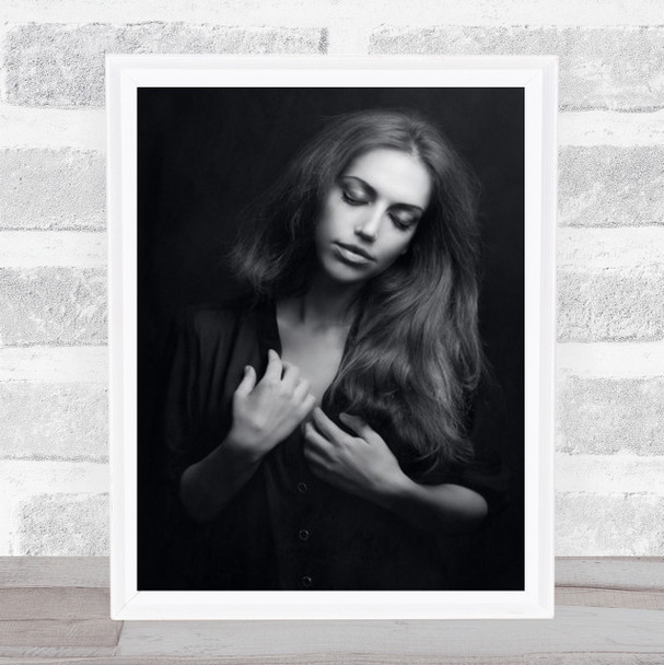Liron Portrait Woman Model Girl B&W Hair Closed Eyes Calm Serene Wall Art Print