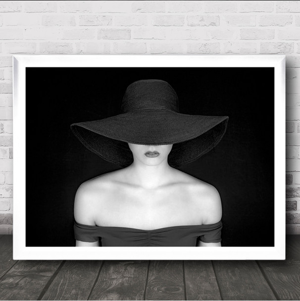 Chic Female Hat Fashion Lips Model Woman Pose B&W Dark Portrait Wall Art Print