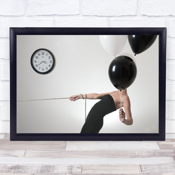 Still Hanging Time Clock Conceptual Woman Balloon Balloons Rope Wall Art Print