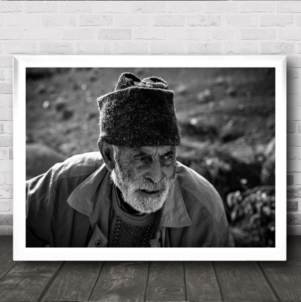 Portrait B&W Blackaamp;White Winter Hat Rural Old Man Wrinkles Wall Art Print